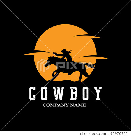 Cowboy Man Riding Horse Powerfully Silhouette at Sunset, icon logo design Cowboy Man Riding Horse Powerfully Silhouette at Sunset, icon logo design 93970791