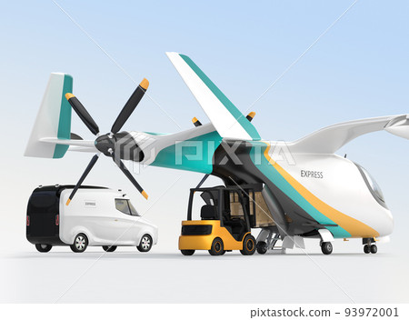 叉車和貨車將包裹裝載到 eVTOL 送貨無人機上的圖像。速度交付概念 93972001
