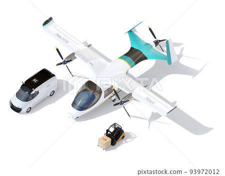 Image of eVTOL home delivery drone, forklift and van on white background. speed delivery concept Image of eVTOL home delivery drone, forklift and van on white background. speed delivery concept 93972012