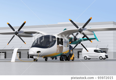 配送中心停機坪上的 eVTOL 送貨無人機、叉車和送貨車。速度交付概念 93972015