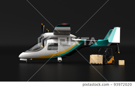 Image of eVTOL home delivery drone and forklift on black background. speed delivery concept Image of eVTOL home delivery drone and forklift on black background. speed delivery concept 93972020
