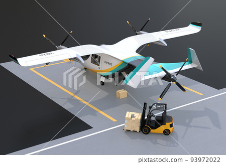 An image of an eVTOL delivery drone and forklift being charged on the tarmac. speed delivery concept An image of an eVTOL delivery drone and forklift being charged on the tarmac. speed delivery concept 93972022