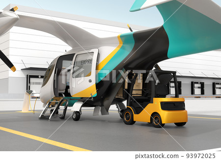 A forklift loading an eVTOL delivery drone charging on the tarmac. speed delivery concept 93972025