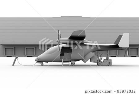 Clay-rendered image of a forklift loading an eVTOL delivery drone charging on the tarmac Clay-rendered image of a forklift loading an eVTOL delivery drone charging on the tarmac 93972032