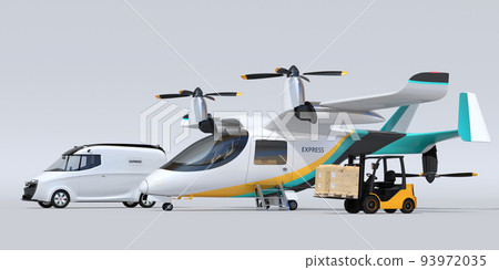 An image of a forklift and a van loading packages onto an eVTOL home delivery drone. speed delivery concept 93972035