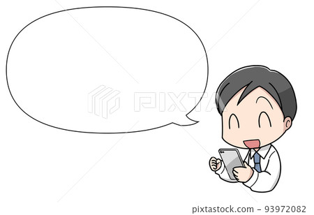 A businessman-like man using a smartphone, joyful face with a balloon A businessman-like man using a smartphone, joyful face with a balloon 93972082
