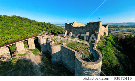 Aerial drone view of the Neamt Citadel in Targu Neamt, Romania 93972419