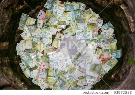 Banknotes at the bottom of the well in Bran castle, Romania Banknotes at the bottom of the well in Bran castle, Romania 93972888