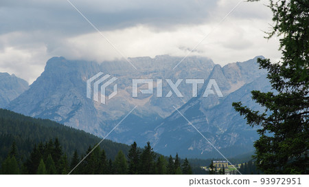 Valley in Dolomite Alps at sunset in Italy 93972951