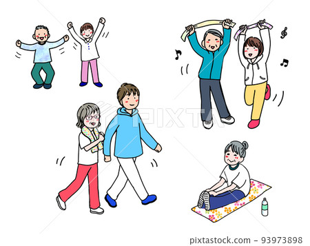 People doing gymnastics, walking and stretching 93973898