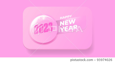 Pink 2023 Happy new year horizontal banner background and 2023 greeting card with text. vector 2023 new year sticker, label, icon, logo and badge isolated on winter stylish pastel pink background 93974026