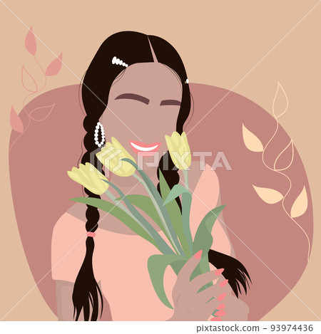 Beautiful smiling girl with yellow tulips in her hand. Beautiful smiling girl with yellow tulips in her hand. 93974436