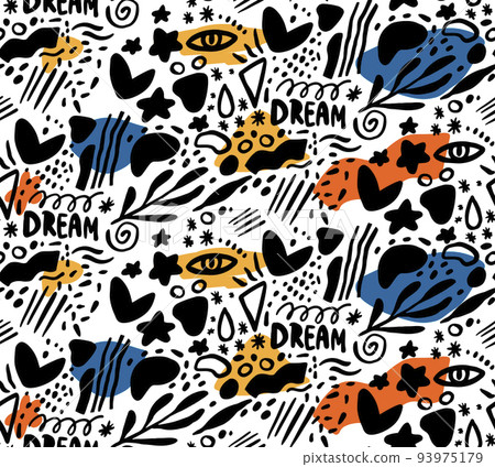 Doodle bold seamless background for teen apparel, abstract text texture, vector black and white wallpaper design Doodle bold seamless background for teen apparel, abstract text texture, vector black and white wallpaper design 93975179