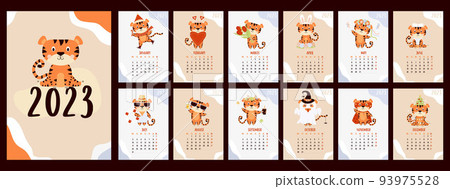 Yearly monthly design calendar for 2023 with cute tiger. collection of 12 pages and cover in English. Vector illustration. Vertical template. Week from Monday . Yearly monthly design calendar for 2023 with cute tiger. collection of 12 pages and cover in English. Vector illustration. Vertical template. Week from Monday . 93975528