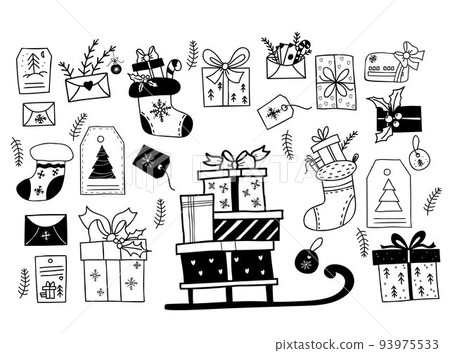 Christmas doodles. Collection New Year decor, sleigh with boxes and gifts, Christmas sock and envelope with money, tags and labels with Christmas tree and snowflake. Isolated vector hand drawings. 93975533