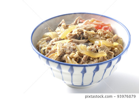 Shooting a simple hot beef bowl with red ginger on a white background Shooting a simple hot beef bowl with red ginger on a white background 93976879