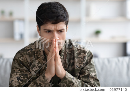 Thoughtful military man staring aside, closeup shot 93977140