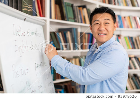 Japanese Male Teacher Writing On Whiteboard Teaching Standing In Classroom Japanese Male Teacher Writing On Whiteboard Teaching Standing In Classroom 93979520
