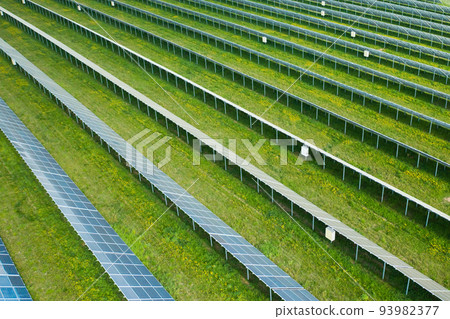 Long rows of sun panels built on green field. Innovative photovoltaic solar cells provide alternative energy at station aerial view Long rows of sun panels built on green field. Innovative photovoltaic solar cells provide alternative energy at station aerial view 93982377
