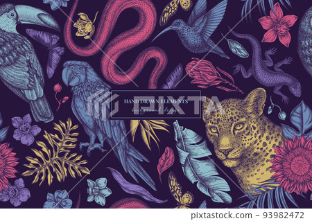 Tropical animals seamless pattern background design. Engraved style. Hand drawn leopard, snake, lizard, hummingbird, toucan, scarlet macaw, rajah brooke's birdwing, african giant swallowtail, monstera 93982472