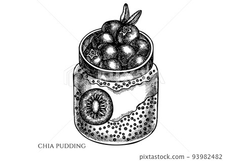 Breakfast vintage vector illustrations collection. Black and white chia pudding. 93982482