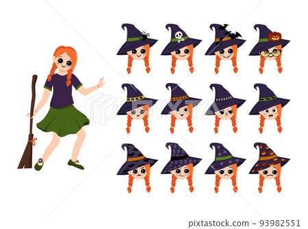 A girl in a witch costume with a hat and a broom for Halloween and a set of faces with emotions. A child with red hair in a fancy dress. Happy, joyful, surprised and sad expressions 93982551