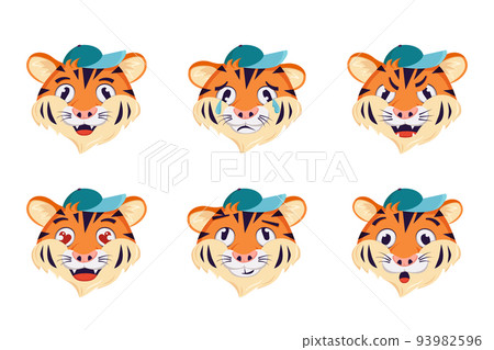 A set of tiger with different emotions. Cheerful, sad or angry symbol of the year. Wild animals of africa. Vector cartoon illustration 93982596