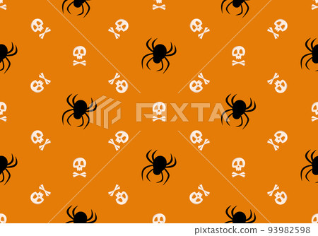 Bright seamless pattern with skull, crossbones and spiders on orange background. Fashion print for kids party, holiday, halloween, textile and design 93982598