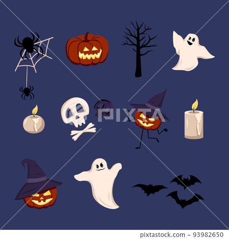 Festive elements for halloween. Lanterns of pumpkins with faces and hats, ghosts with grins, black bat and spider weaving cobweb, burning candles and a skull. Icons for holiday, horror party, birthday Festive elements for halloween. Lanterns of pumpkins with faces and hats, ghosts with grins, black bat and spider weaving cobweb, burning candles and a skull. Icons for holiday, horror party, birthday 93982650