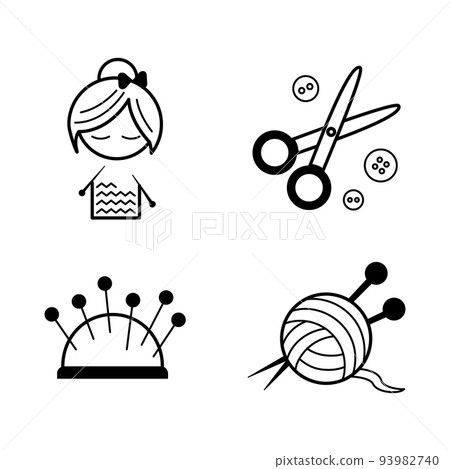 Set of simple stylish black line icons for needlework. Images of a knitter, scissors, buttons, hat, mittens with hearts, soft and warm sheep wool, a ball of yarn with knitting needles. For handmade Set of simple stylish black line icons for needlework. Images of a knitter, scissors, buttons, hat, mittens with hearts, soft and warm sheep wool, a ball of yarn with knitting needles. For handmade 93982740