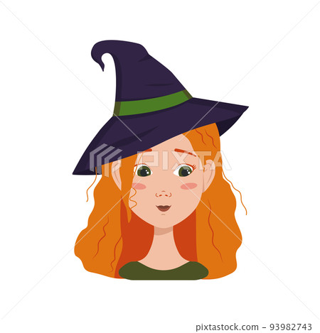 Avatar of a woman with red curly hair, shyness emotions, embarrassed face and downcast eye wearing a witch hat. Girl with freckles in a suit for Halloween Avatar of a woman with red curly hair, shyness emotions, embarrassed face and downcast eye wearing a witch hat. Girl with freckles in a suit for Halloween 93982743