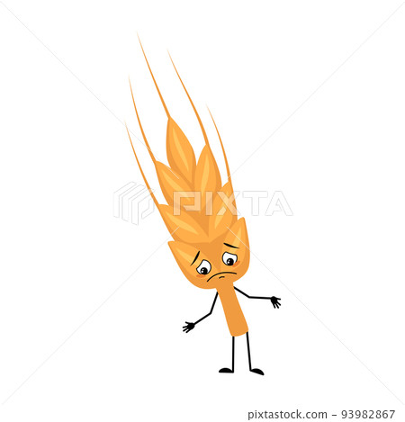 Cute ear of wheat character with sad emotions, depressed face, down eyes, arms and legs. Healthy cereal with melancholy expression and posture, vitamin rich food. Vector flat illustration 93982867