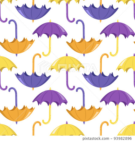 Seamless pattern with bright yellow and purple umbrellas on a white background. Cute autumn print for textiles, wrapping paper and design 93982896