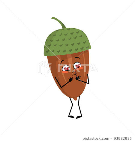 Character acorn falls in love with eyes hearts, kiss face, arms and legs. Cheerful forest plant, autumn nut 93982955