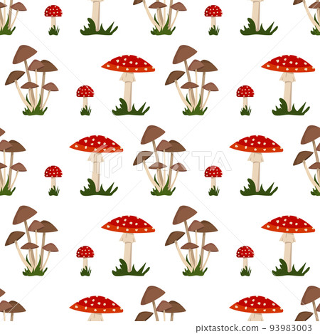 Seamless pattern with amanita mushroom with red hat and white dot, toadstool and grass. Bright fly agaric print 93983003