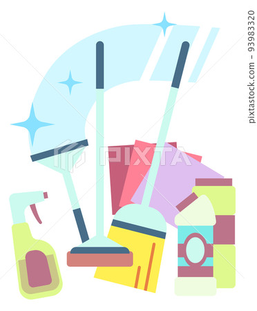 Cleaning tools and detergent bottle. Household icon Cleaning tools and detergent bottle. Household icon 93983320
