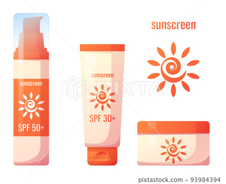 Set of sunscreens. Cosmetic product for sun protection. Tube, jar, container. summer illustration 93984394