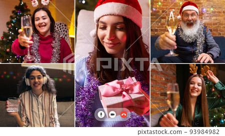 Happy New Year. Online meeting of young happy people, men and women via videocall. Celebration Christmas holidays. Using digital modern technology. Happy New Year. Online meeting of young happy people, men and women via videocall. Celebration Christmas holidays. Using digital modern technology. 93984982
