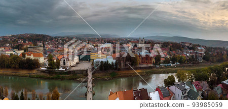 An aerial view of the part of the European city of Uzhgorod, which is located in the Transcarpathian region of Ukraine 93985059