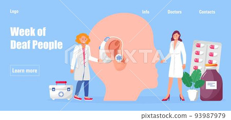 World Deaf Day in last Sunday of September concept. Tiny doctors give hearing aid. 93987979