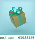 Christmas golden gift box with turquoise ribbon bow. 93988326