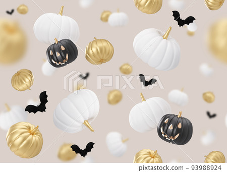 Seamless Halloween pattern. Golden, white and black Halloween decoration on beige background. Pumpkin, bat. Scary and spooky wallpaper, trick or treat, happy halloween. 3D rendering. 93988924