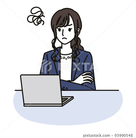 一個穿著辦公室休閒裝的女人，看著電腦屏幕很沮喪 93990548