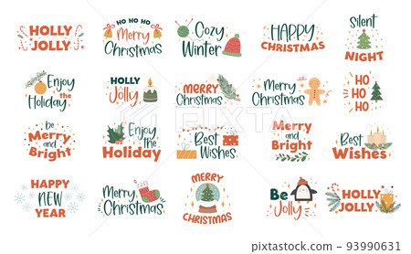 Collection of Christmas handwritten lettering with hand drawn holiday decorations - holly leaves, light garland, candles, knitted socks, bells and gifts 93990631