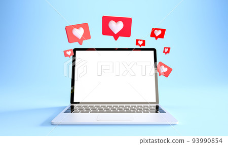 Laptop mockup with many like notifications at blue background. 3d rendering 93990854