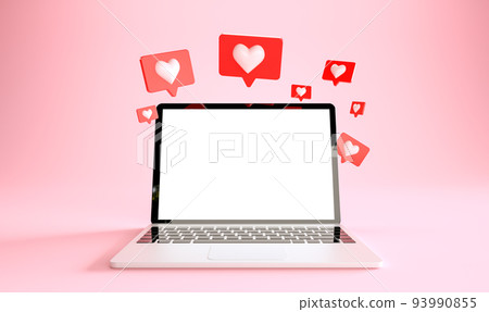 Laptop mockup with many like notifications at pink background. 3d rendering 93990855