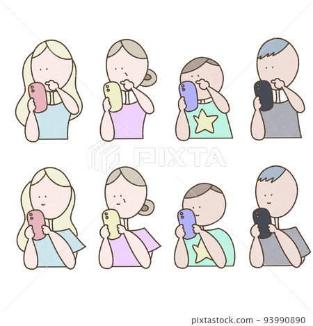 Set illustration of four people operating smartphones Set illustration of four people operating smartphones 93990890