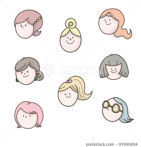 設置八個年輕女性面孔的插圖 設置八個年輕女性面孔的插圖 93990894