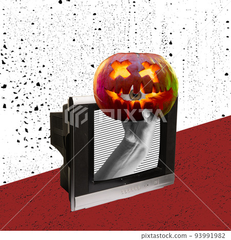 Contemporary art collage. Human hands with Halloween pumpkin sticking out of retro tv set over red white background. Halloween theme. Surrealism Contemporary art collage. Human hands with Halloween pumpkin sticking out of retro tv set over red white background. Halloween theme. Surrealism 93991982