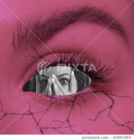 Scared girl looking out of human eye. Contemporary art collage. Halloween theme. Ideas, inspiration, party, ad. Surrealism, monochrome Scared girl looking out of human eye. Contemporary art collage. Halloween theme. Ideas, inspiration, party, ad. Surrealism, monochrome 93991984